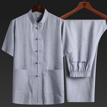 【米蘭精品】唐裝套裝短袖漢服-寬鬆薄款長褲中老年男裝3色74fo12