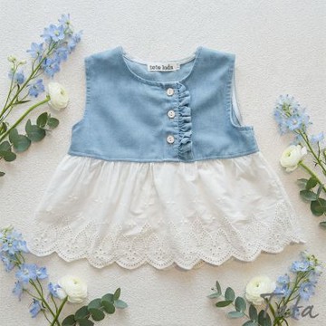 TATA KIDS 童裝 牛仔拼接鏤空刺繡下襬無袖上衣-90~140