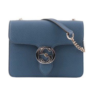 GUCCI 金屬雙G Logo荔枝皮革方形斜背包/藍色