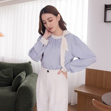 【秋冬新品】HS 造型蝴蝶結領上衣 藍色