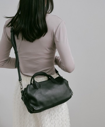 Supportingrole簡約線條百搭輕量真皮手提肩斜背旅行波士頓 黑