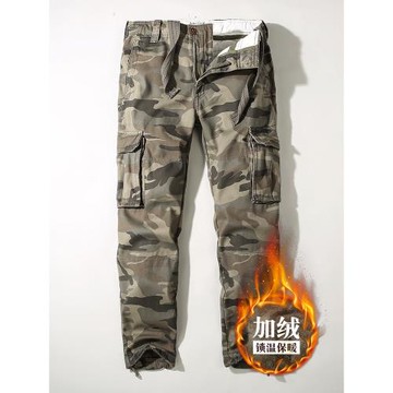 冬季重磅加絨迷彩工裝褲男士多口袋美式復古直筒加厚寬松休閑絨褲
