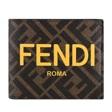 FENDI 7M0338 品牌LOGO印花撞色皮革對開短夾.深咖/黃