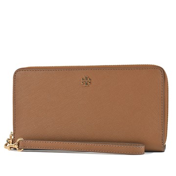 TORY BURCH EMERSON 十字紋防刮全開拉鍊手掛長夾-焦糖色