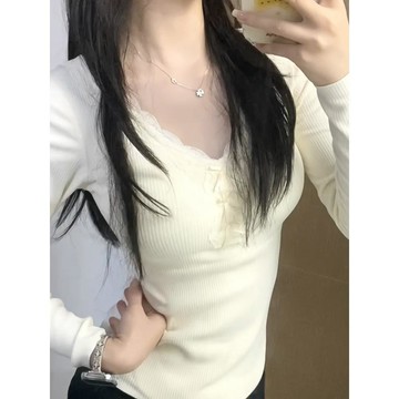已售9642件💖杏色蕾絲花邊針織衫~   內搭毛衣  正肩上衣  針織衫上衣   設計感   早秋毛衣   慵懶感