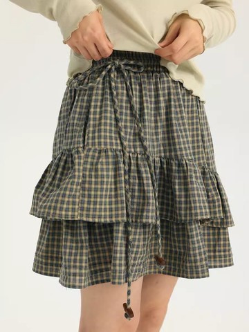 oddmaker學院風格子蓬蓬裙女短款高腰顯瘦a字裙百搭蛋糕裙小個子