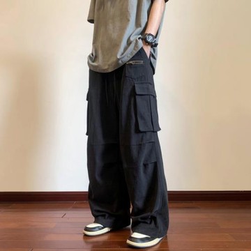 工裝褲男款潮牌潮流ins直筒褶皺休閑褲春秋美式闊腿寬松伐木褲子