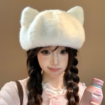 ✨精選好物✨白色仿水貂絨貝雷帽子女 秋冬季小頭圍貝雷帽 設計感可愛小貓蓓蕾帽 畫家帽  白色貓耳朵貝雷帽  畫家帽