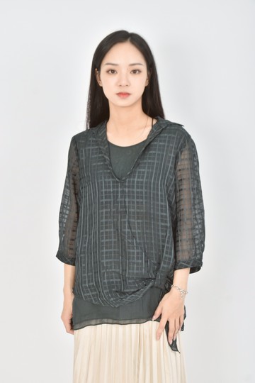 (M) key wear秋冬格紋綠色長袖上衣