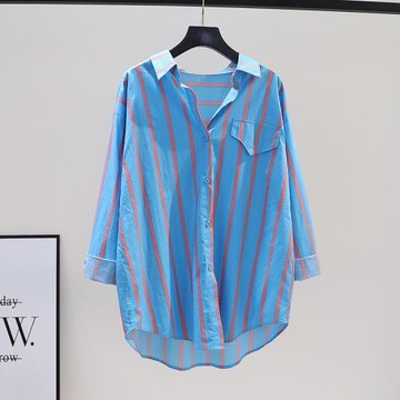 水洗純棉藍色條紋襯衫女秋季文藝范寬松中長款休閑襯衣長袖上衣開