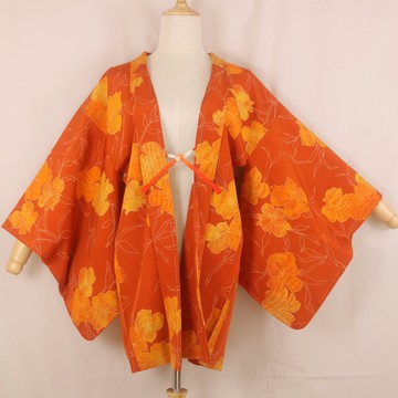 古著羽織和服外套 | 磚橙×花卉圖案 | 短版和服外罩