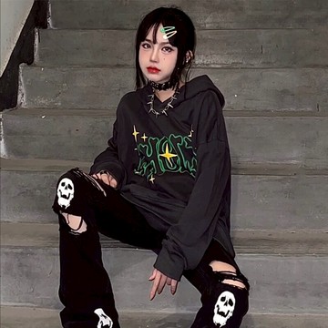 歐美嘻哈oversize星星骷髏印花連帽衛衣男女寬松休閑情侶國潮上衣