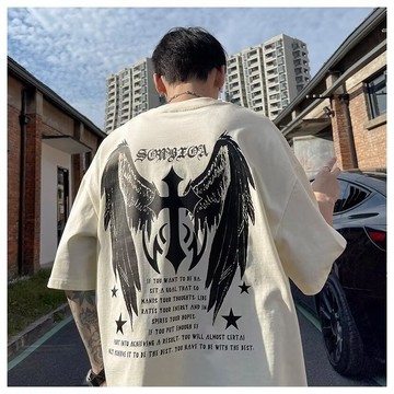 【多色大碼】M-8XL 美式複古街頭翅膀印花男士T恤 超大運動短袖 oversized加大碼T恤 圓領T恤 情侶男女皆宜