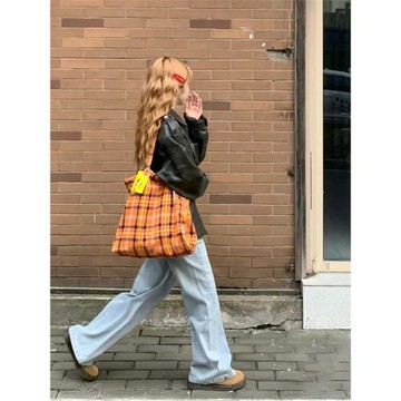 2025新款復古橙色條紋托特包簡約大容量通勤單肩包腋下包手提包