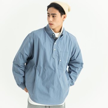 DAKYAM(達人)21AW套頭半門筒工匠風復古寬松落肩純色休閑長袖襯衫