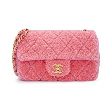二手品 Chanel 斜紋毛呢霧金釦掀蓋口蓋包(AS0603-粉)