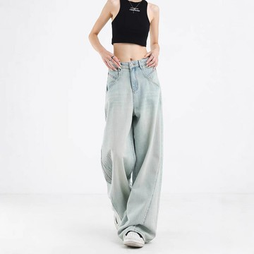 免運 休閒牛仔褲女 KENH 淺藍色闊腿牛仔褲女四季可穿2024年新款寬松高腰拖地直筒褲 快速出貨