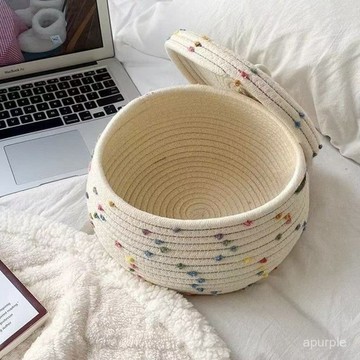 手工編織桌麵收納圓形鷄蛋筐化妝品鑰匙零食帶蓋雜物筐收納整理盒 8BNJ