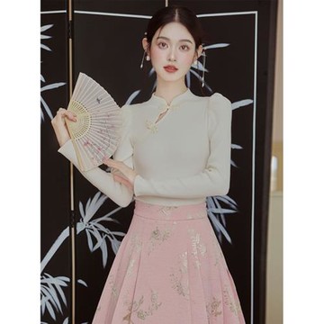 配馬面裙的上衣修身長袖針織內搭t恤新中式國風盤扣打底衫女春秋