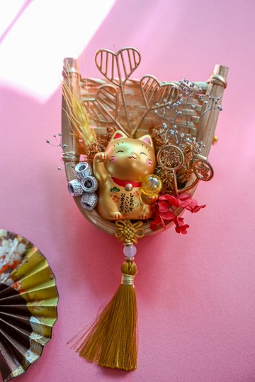 迷你金色米篩 乾燥花掛飾 I 日本藥師窯招財貓 I 新春招福佈置