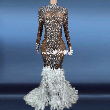 NOVANCE時尚夏裝閃亮鉆石優雅長袖晚禮服 白色羽毛魚尾晚禮服