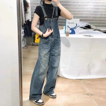 ✨壹灣出貨✨減齡氣質設計感美式複古牛仔背帶褲女春秋大碼洋氣顯瘦連體吊帶褲 5FFU