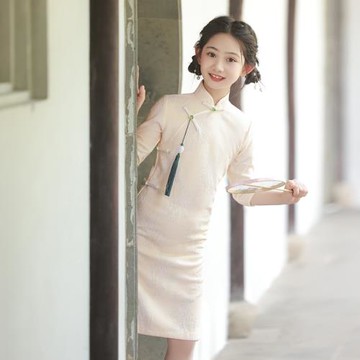 兒童蕾絲旗袍春季長袖2025新款女童中國風小女孩古箏演出服連衣裙