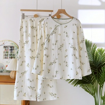 【現貨】古風竹葉純棉睡衣女套裝 春夏薄款長袖睡衣套裝 100%棉質居家服簡約寬鬆大尺碼全棉家居服新款