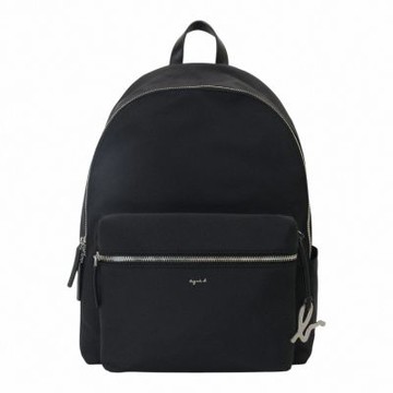 agnes b. 草寫銀字agnes b. 尼龍後背包(黑x黑邊)中