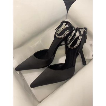 黑色細跟高跟鞋女2024年早春新款尖頭淺口性感一字扣帶包頭涼鞋女