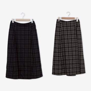 【CUMAR】學院風格紋後腰鬆緊長裙 藍 咖