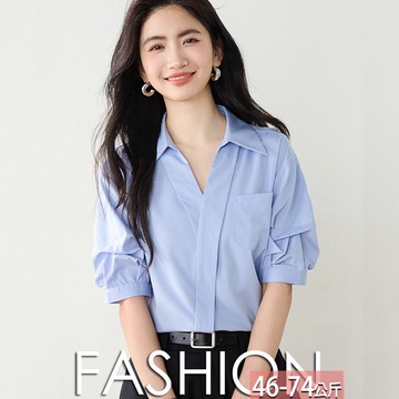 翻領交叉前襟口袋壓褶泡泡袖上衣 M-2XL【645145X】【現+預】☆流行前線☆