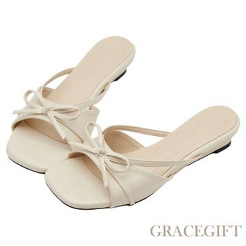 【Grace Gift】法式優雅細帶蝴蝶結低跟方頭涼拖鞋 杏