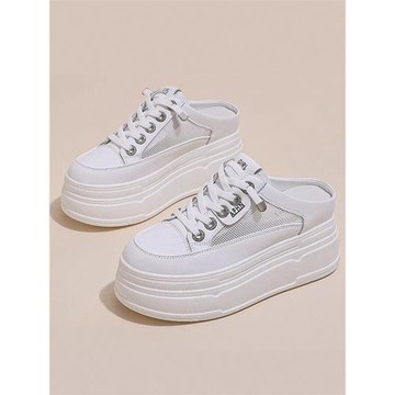 包頭半拖鞋女夏2025新款厚底松糕無后跟鏤空網面懶人內增高小白鞋