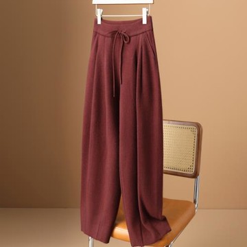 TGZ奢貴千元高品質浣熊絨針織闊腿褲女2025冬慵懶風小個子9分甩褲