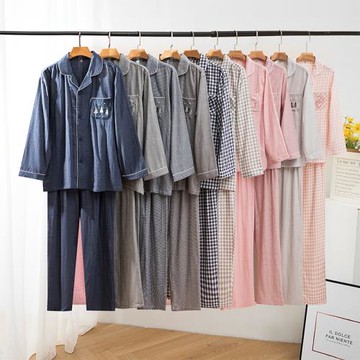 春秋新款男女純棉薄款紗布格紋長袖夏棉紗短袖情侶睡衣家居服套裝