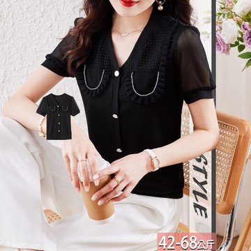 V領方格壓紋釦飾U鑽鍊花邊拼接上衣 M-3XL【383101X】【現+預】☆流行前線☆