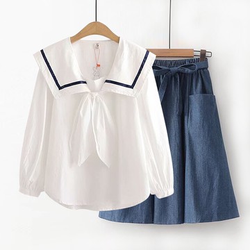 小清新海軍領長袖襯衫白襯衣女士文藝百搭牛仔裙中長裙半身裙套裝