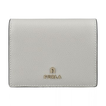 FURLA CAMELIA拱門金色金屬LOGO荔枝紋皮革對折扣式短夾(珍珠灰x黃)