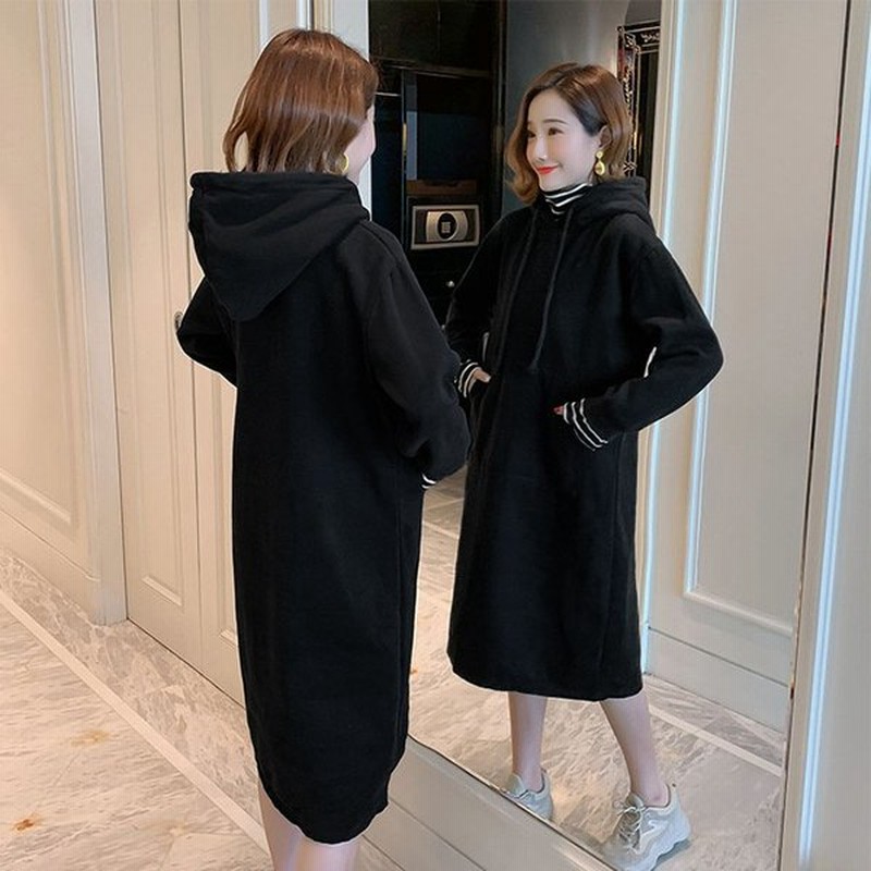 パーカーワンピ 膝丈 ミモレ丈 ワンピース スウェット ロングトレーナー 長袖 フード付き レディース 無地 シンプル 黒 秋 冬 おしゃ 通販 Lineポイント最大get Lineショッピング