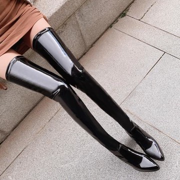 超長過膝長靴女超高筒尖頭大腿靴粗高跟漆皮加長靴偽娘大碼41-45