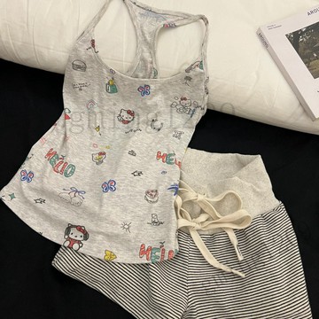 新款Hello Kitty工字背心睡衣女夏季美式辣妹弔帶條紋短褲傢居服套裝免運