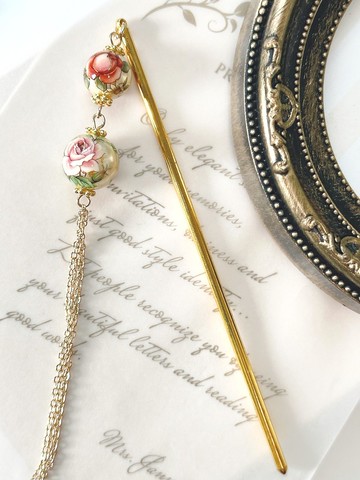 黃銅 珍珠 山茶花 髮簪 母親節禮物