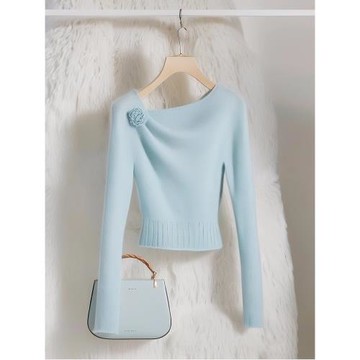 洋氣時髦通勤穿搭藍色針織衫2025年秋冬新款時尚氣質獨特別致上衣