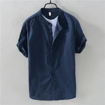 短袖襯衫男 夏季亞麻襯衫男寬鬆中國風休閒復古簡約短袖韓版帥氣立領青年棉麻上衣 Y2070