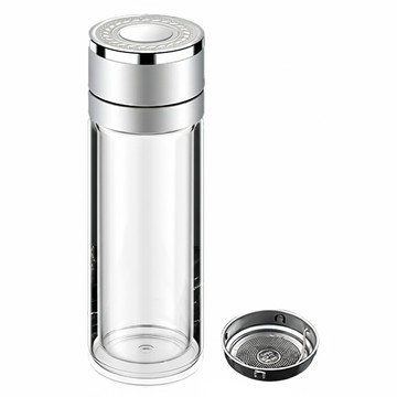 一鍵開蓋茶水分離杯 24x7cm 500ml 高硼矽玻璃不鏽鋼濾網 拆洗方便  銀色  1個