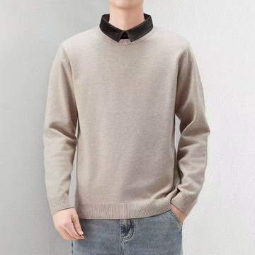 男秋冬新款假兩件純色大碼加肥長袖上衣中年翻領針織打底衫
