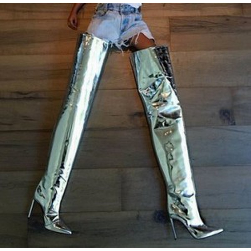 ミラーデザイン パテントレザー オーバーニーブーツ 艶やかシルバー ハイヒール スーパーロングブーツ 最先端 エレガント スタイリッシュ 通販 Lineポイント最大10 0 Get Lineショッピング