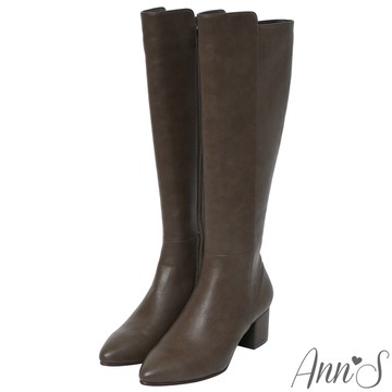 Ann’S返璞經典-復古皮革前高後低粗跟及膝長靴5cm-灰