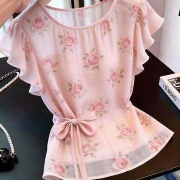 法式碎花襯衫 小衫 上衣 襯衣 法式氣質碎花短袖小衫女夏收腰扭結設計感小衆綁帶高級感別緻上衣 女裝